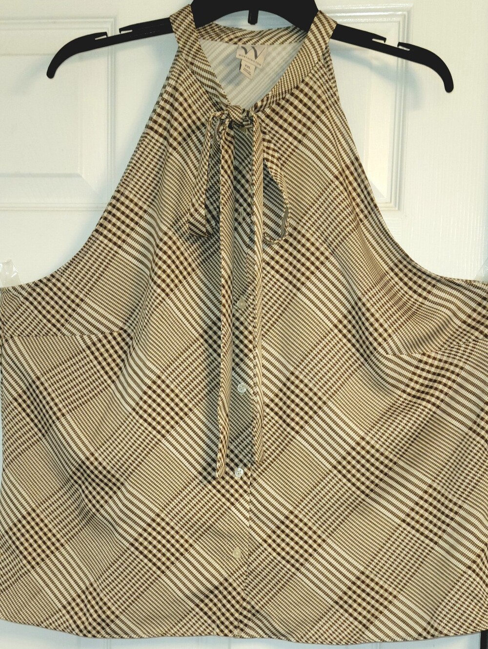 Plaid Halter Tie-Neck Women's Top - Beige and Brown